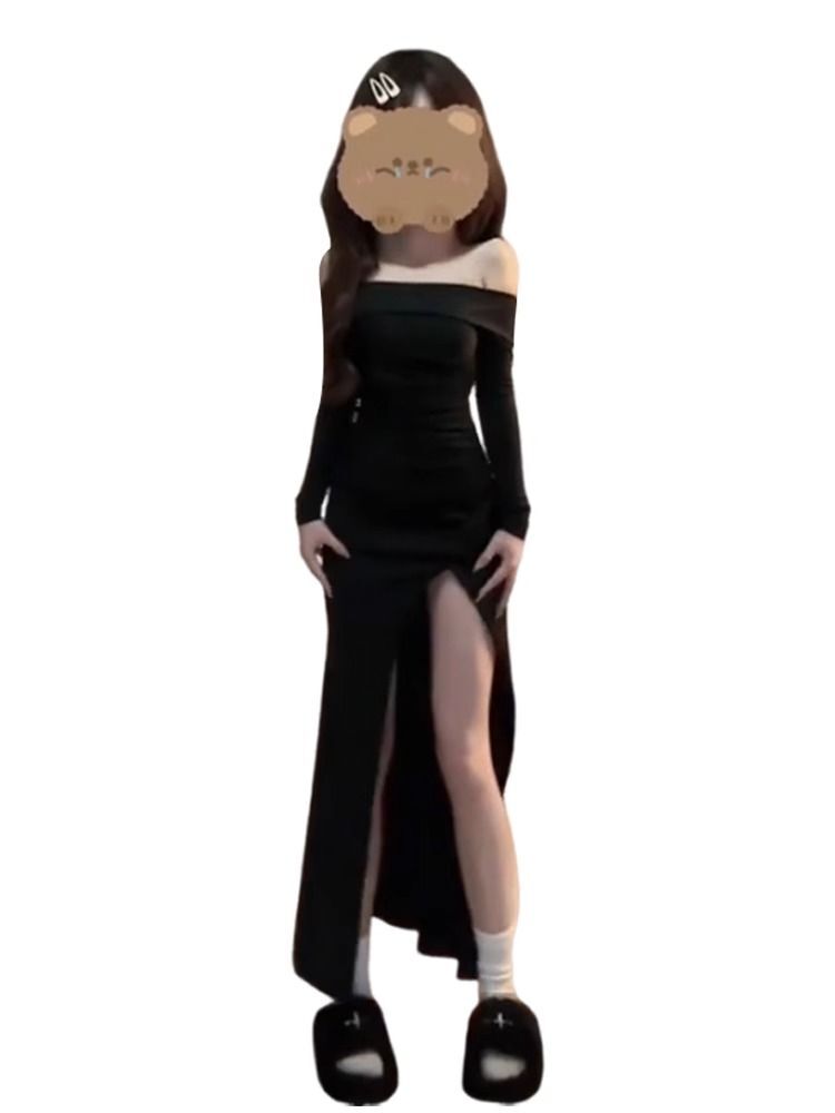 开叉性感辣妹一字肩长裙2024新款黑色掐腰连衣裙子女春夏包臀