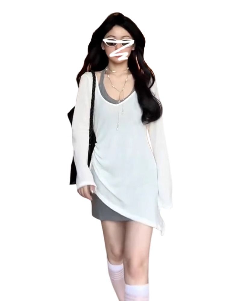 灰色挂脖吊带连衣裙子女夏季2025新款早秋小个子a字包臀短裙