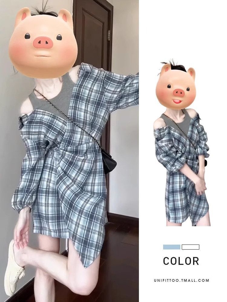 蓝色假两件套装衬衫连衣裙子早初秋季韩系小个子穿搭2025年新 蓝色假两件套装衬衫连衣裙子早初秋季韩系小个子穿搭2025年新