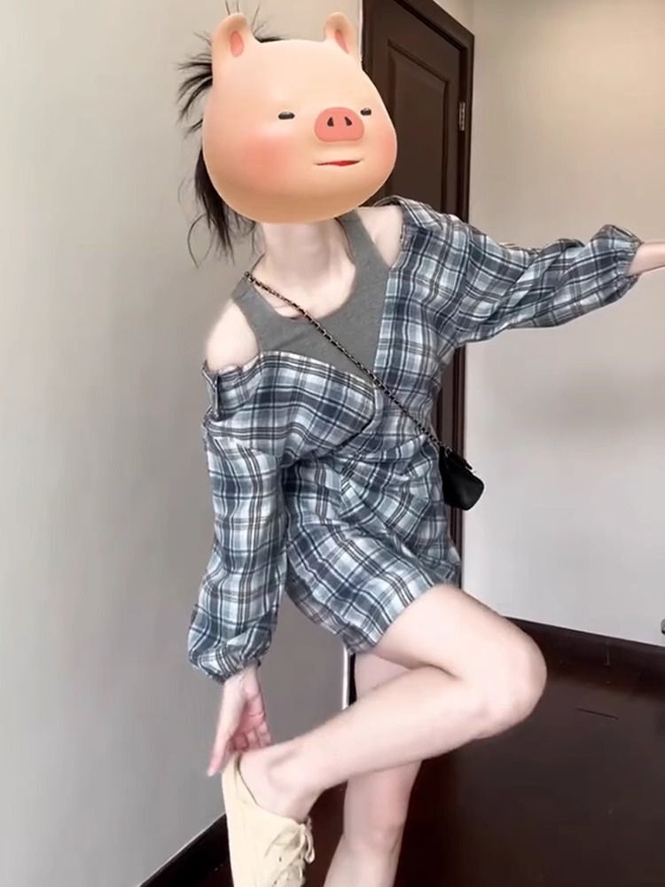 蓝色假两件套装衬衫连衣裙子早初秋季韩系小个子穿搭2025年新