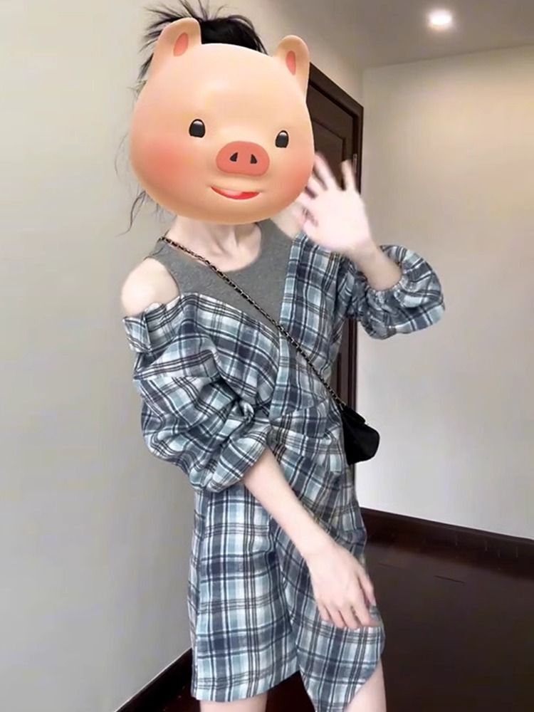 蓝色假两件套装衬衫连衣裙子早初秋季韩系小个子穿搭2025年新