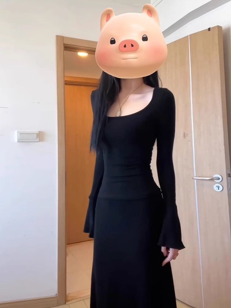 2025早秋新款韩系高级感黑色长袖连衣裙子初秋女装御姐风修身
