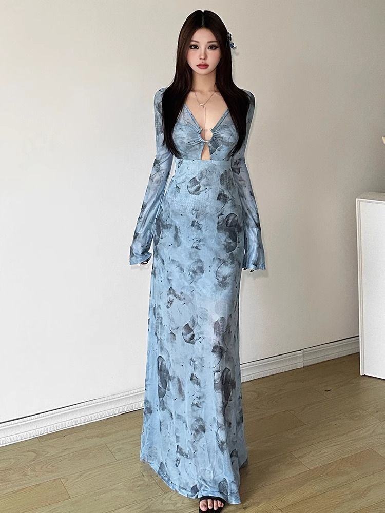 纯欲辣妹V领扎染网纱长袖连衣裙女夏季性感镂空收腰修身气质长裙