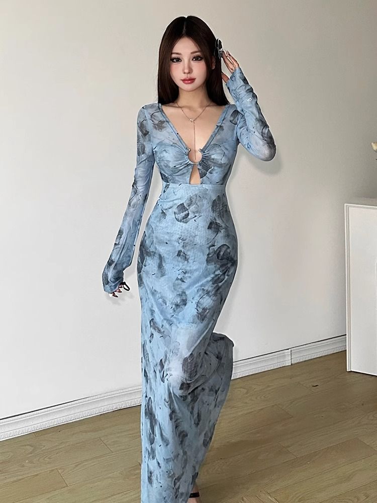 纯欲辣妹V领扎染网纱长袖连衣裙女夏季性感镂空收腰修身气质长裙