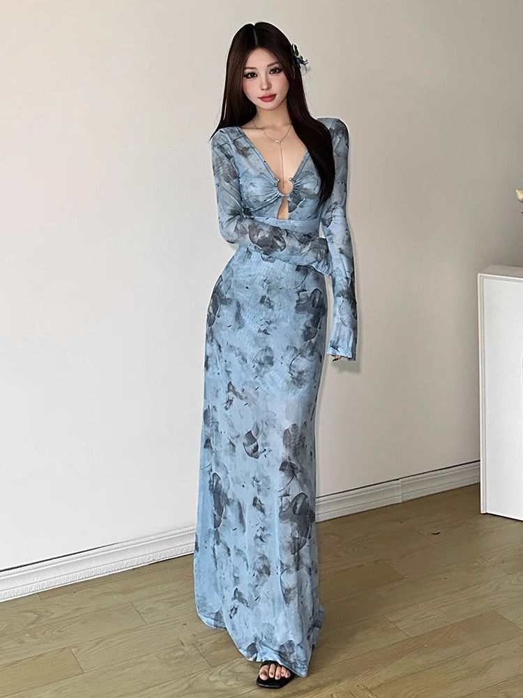 纯欲辣妹V领扎染网纱长袖连衣裙女夏季性感镂空收腰修身气质长裙