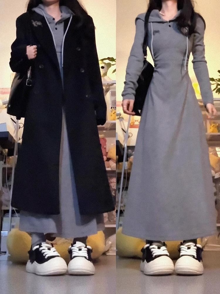 2025早秋新款灰色卫衣连衣裙子女秋冬季大衣内搭打底气质收腰