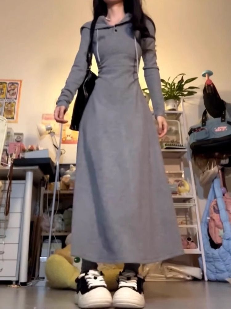 2025早秋新款灰色卫衣连衣裙子女秋冬季大衣内搭打底气质收腰