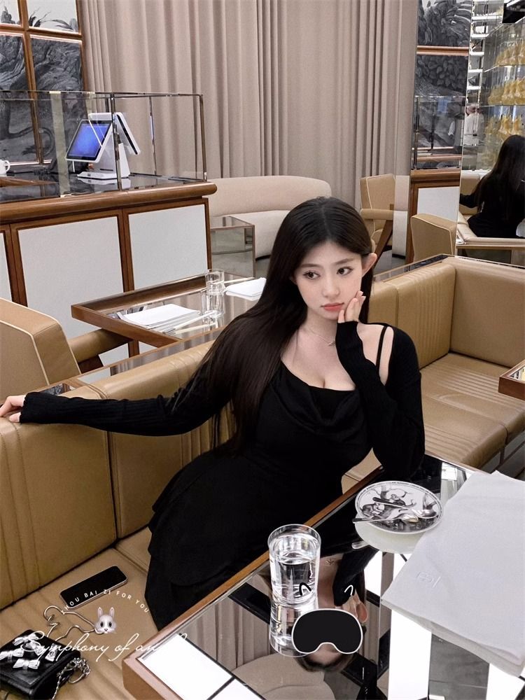 大码女装纯欲风不规则黑色吊带连衣裙女秋季胖mm收腰显瘦包臀短 大码女装纯欲风不规则黑色吊带连衣裙女秋季胖mm收腰显瘦包臀短