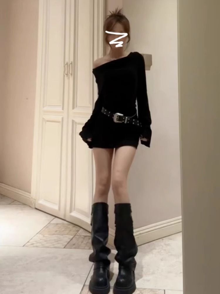 钓系约会一字肩黑色针织连衣裙女秋冬新款性感辣妹御姐风包臀短裙