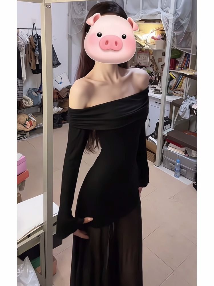 御姐黑色网纱一字领拼接长袖连衣裙女春季新款收腰显瘦包臀长裙子