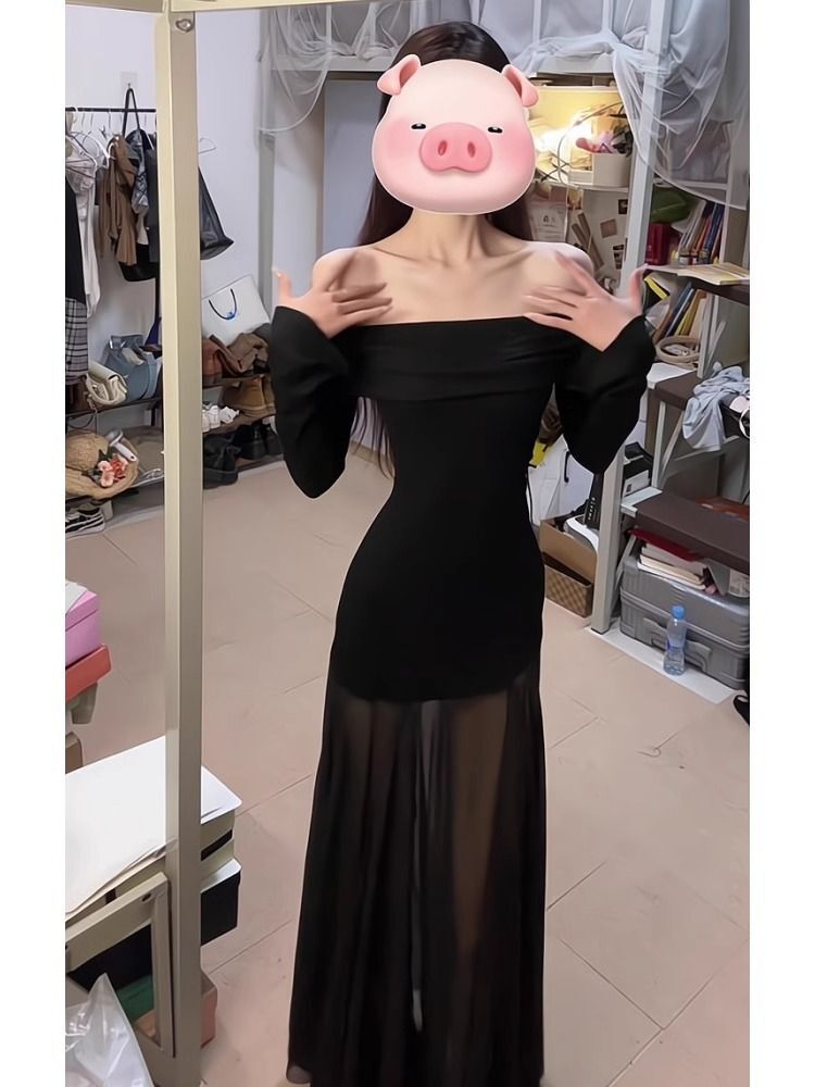 御姐黑色网纱一字领拼接长袖连衣裙女春季新款收腰显瘦包臀长裙子