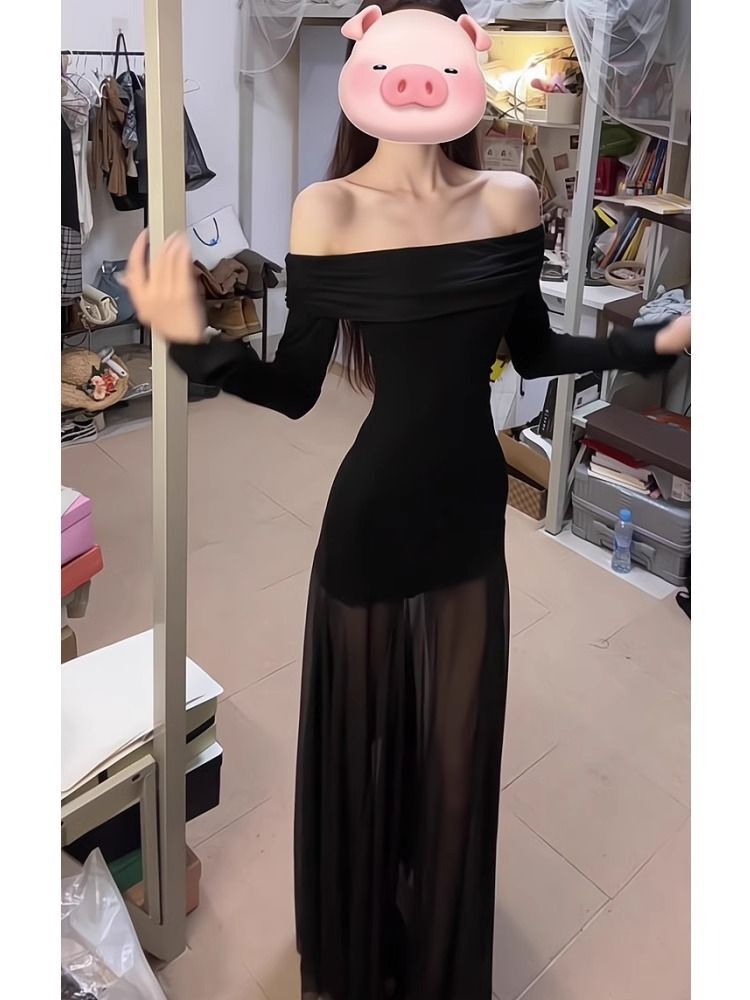 御姐黑色网纱一字领拼接长袖连衣裙女春季新款收腰显瘦包臀长裙子