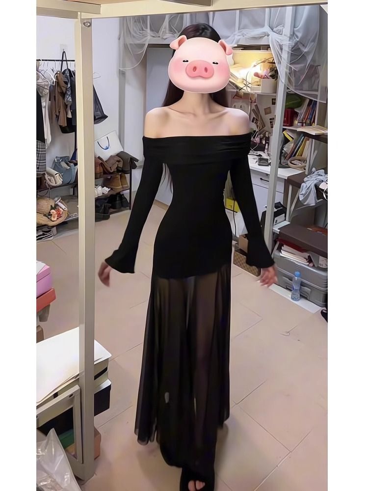 御姐黑色网纱一字领拼接长袖连衣裙女春季新款收腰显瘦包臀长裙子