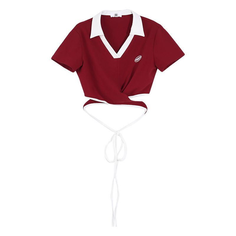 红色v领短袖t恤女修身2024夏季系带短款上衣女设计感