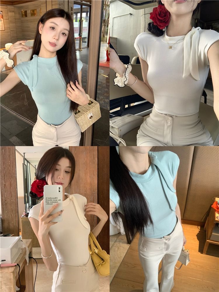 湖蓝色绑带短袖T恤女夏季2024新款修身辣妹别致绝美紧身内搭
