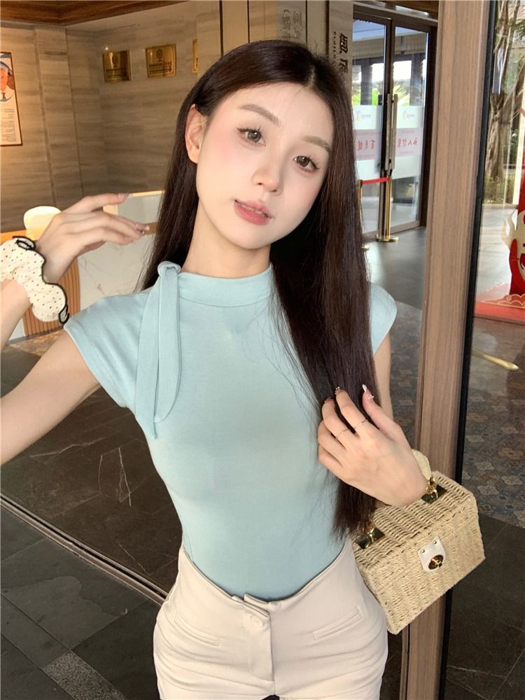 湖蓝色绑带短袖T恤女夏季2024新款修身辣妹别致绝美紧身内搭