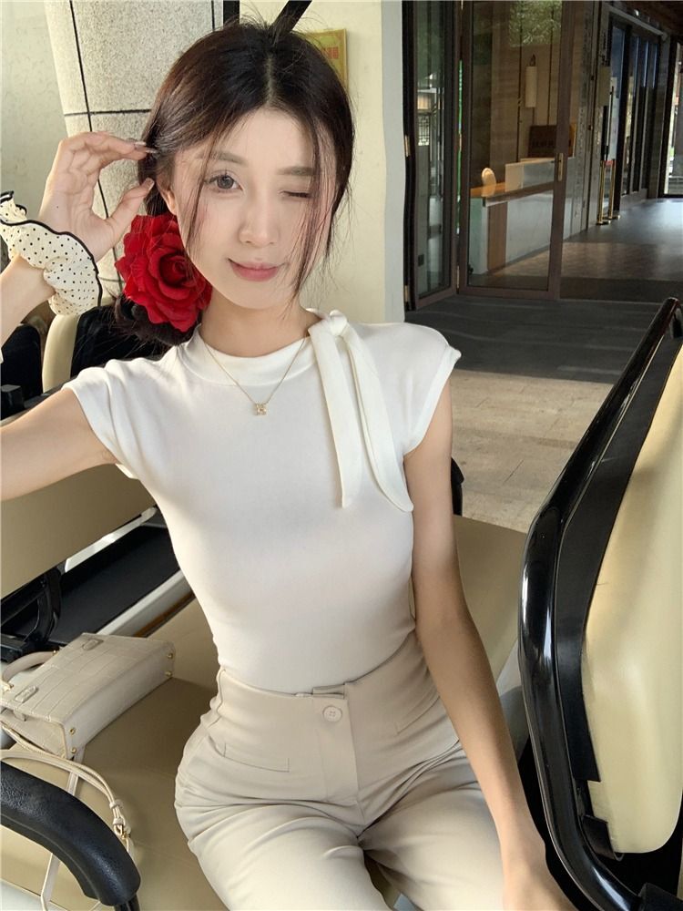 湖蓝色绑带短袖T恤女夏季2024新款修身辣妹别致绝美紧身内搭