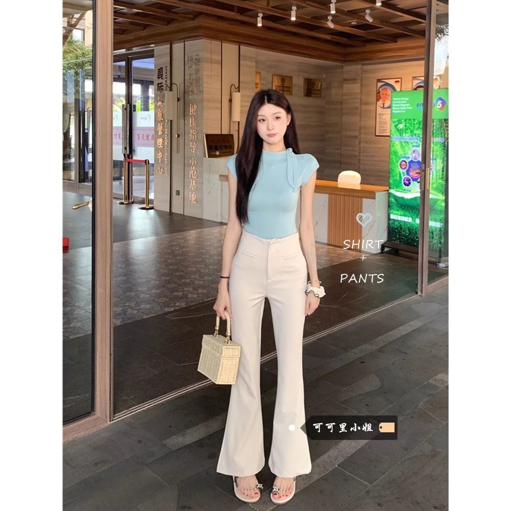 湖蓝色绑带短袖T恤女夏季2024新款修身辣妹别致绝美紧身内搭