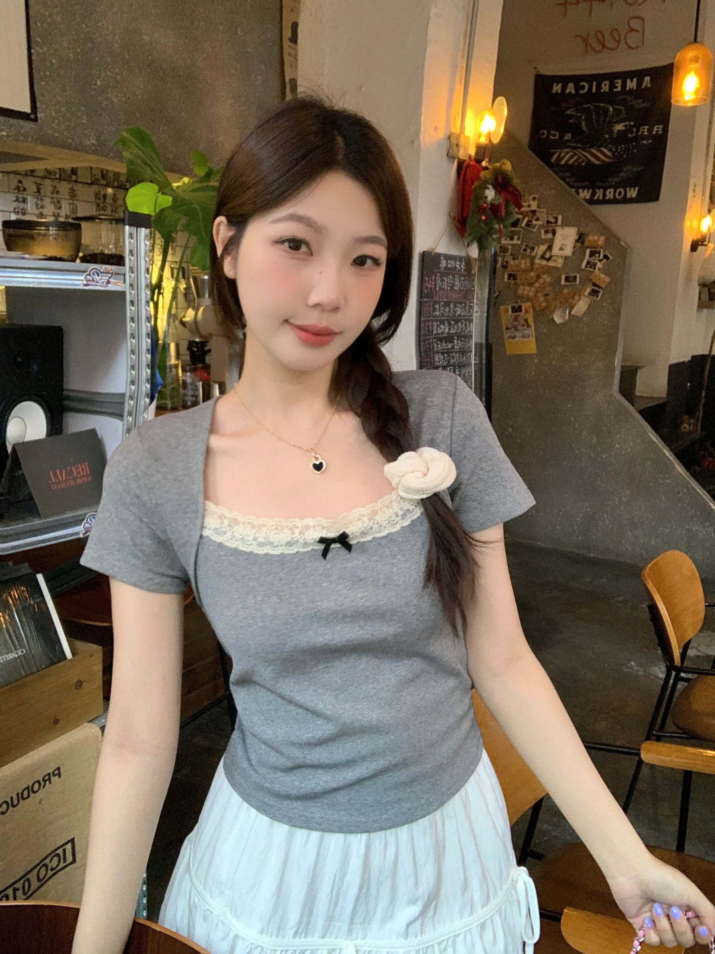 现货 夏新款芭蕾风纯欲方领短袖T恤女法式设计感小众上衣