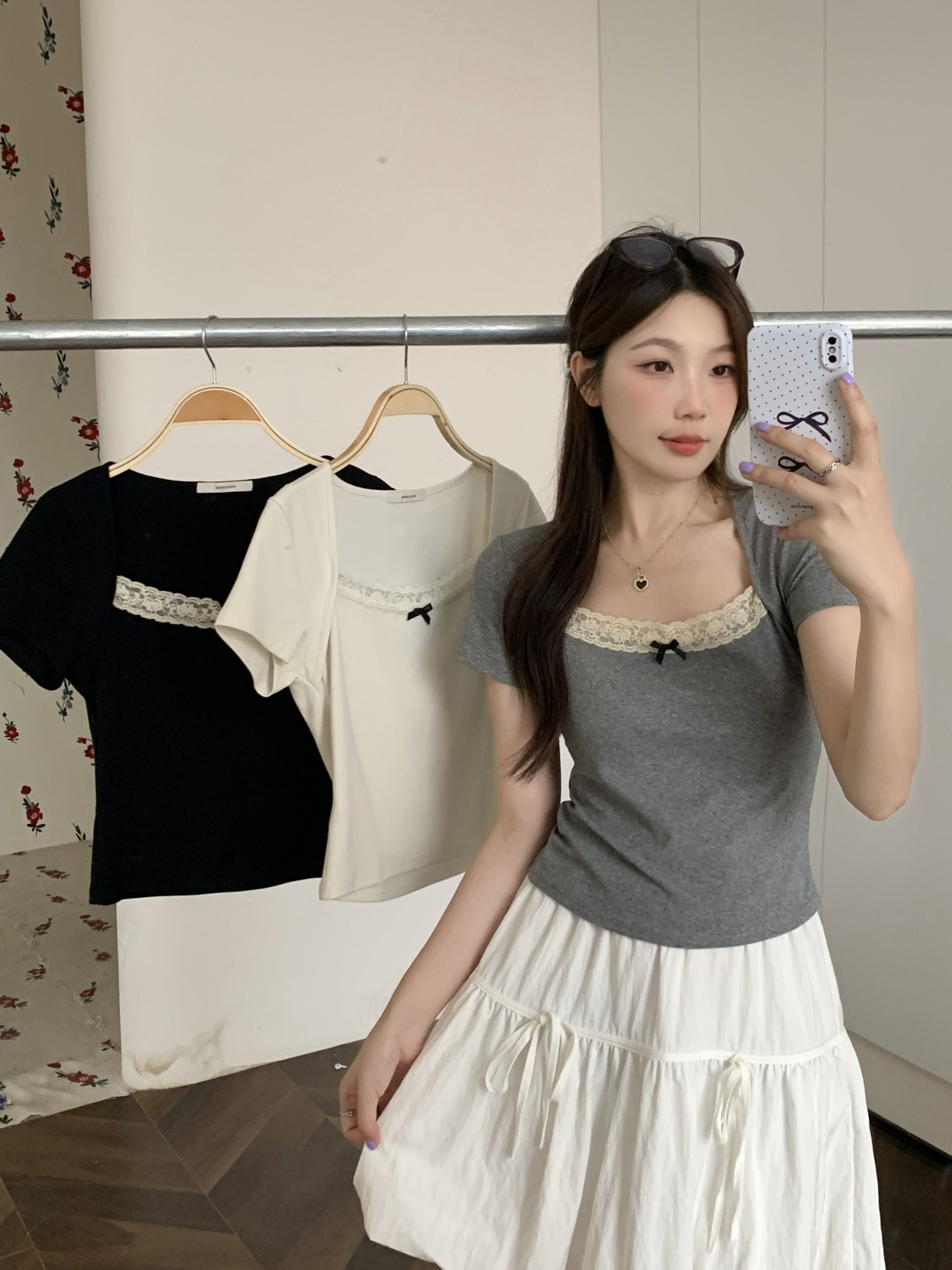 现货 夏新款芭蕾风纯欲方领短袖T恤女法式设计感小众上衣