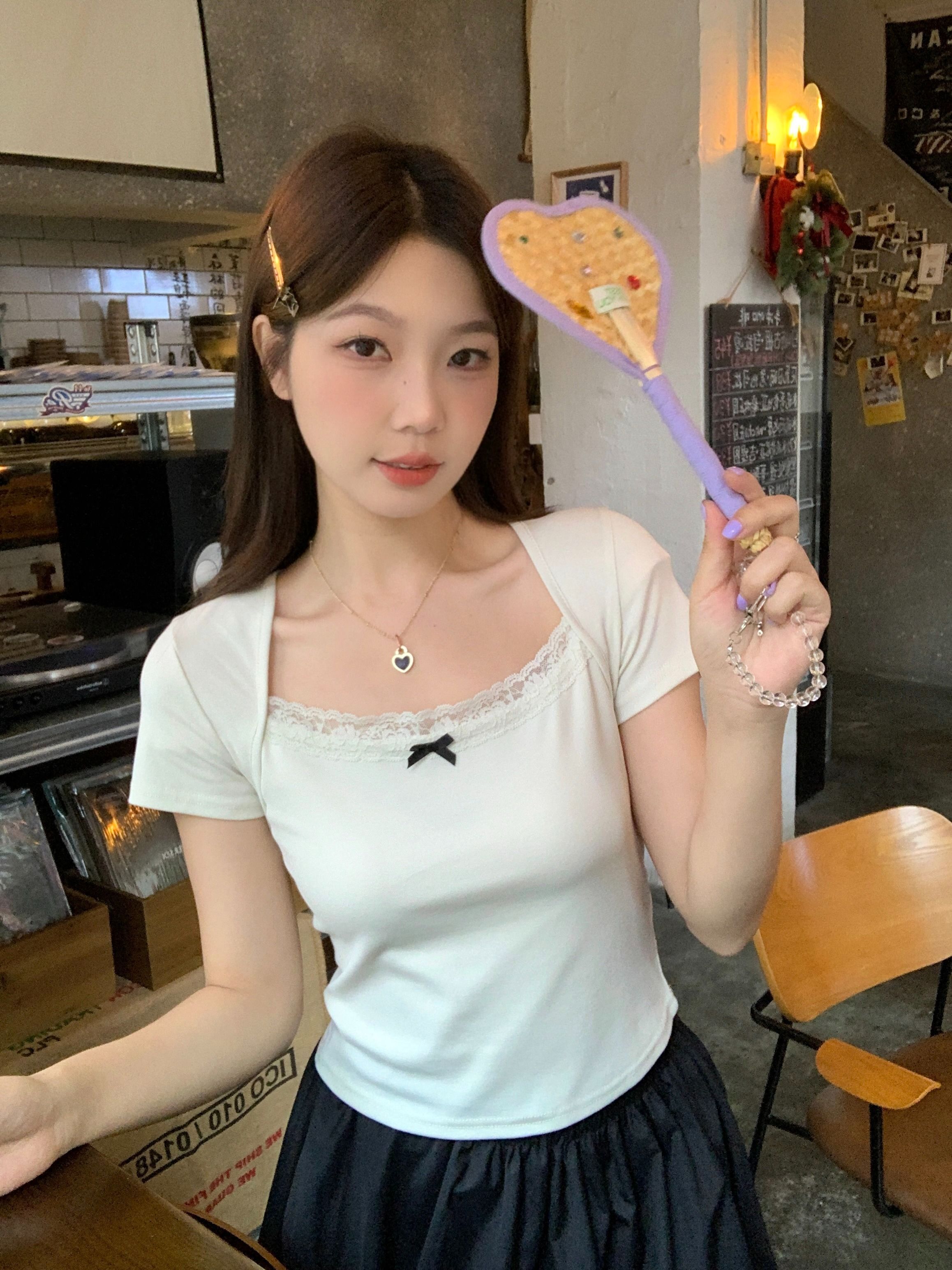 现货 夏新款芭蕾风纯欲方领短袖T恤女法式设计感小众上衣