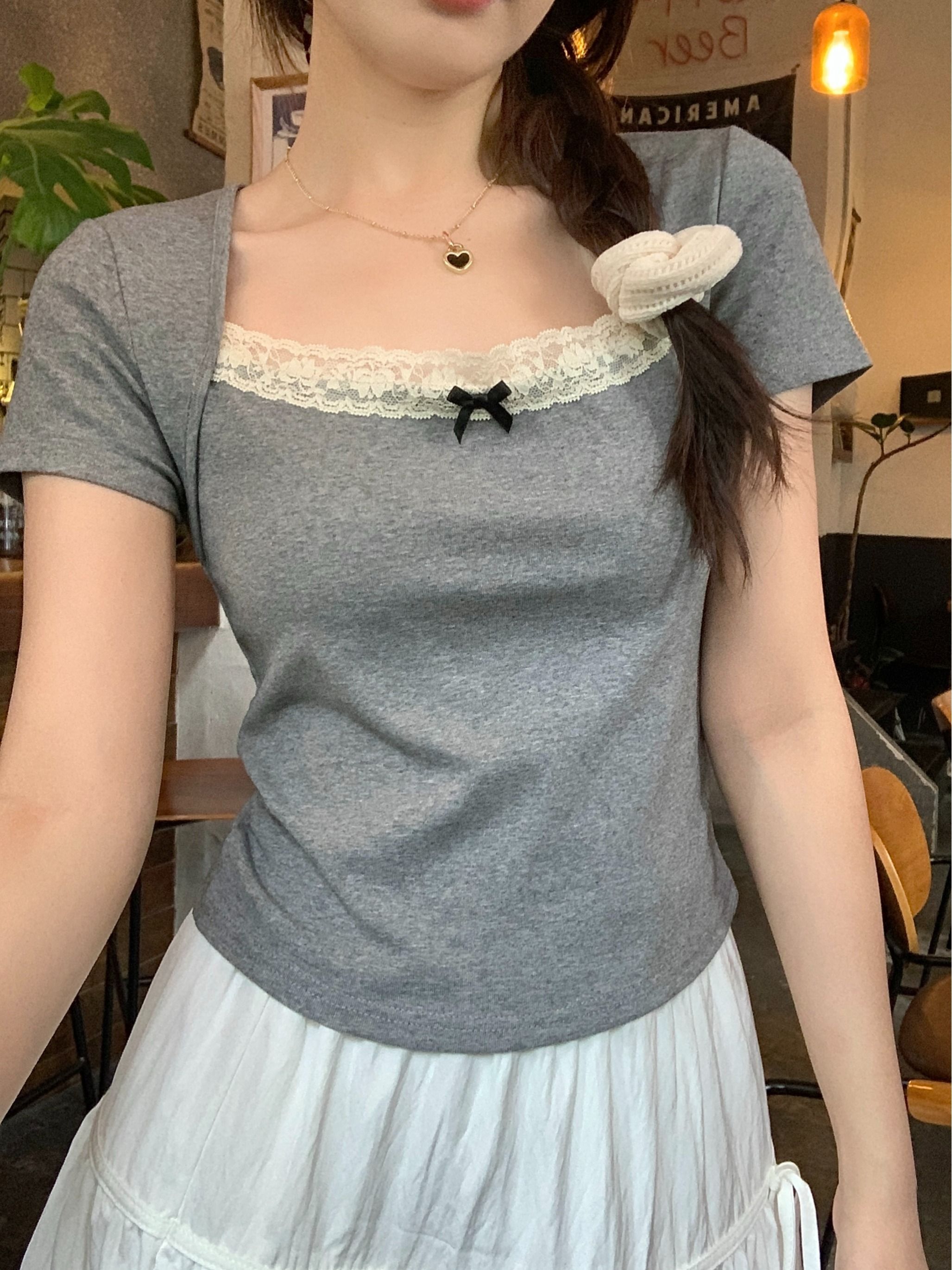 现货 夏新款芭蕾风纯欲方领短袖T恤女法式设计感小众上衣