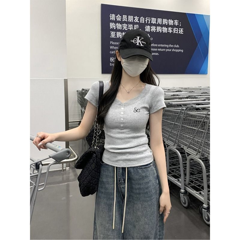 MR 已出货 美式辣妹V领露锁骨正肩t恤女百搭短袖修身显瘦短