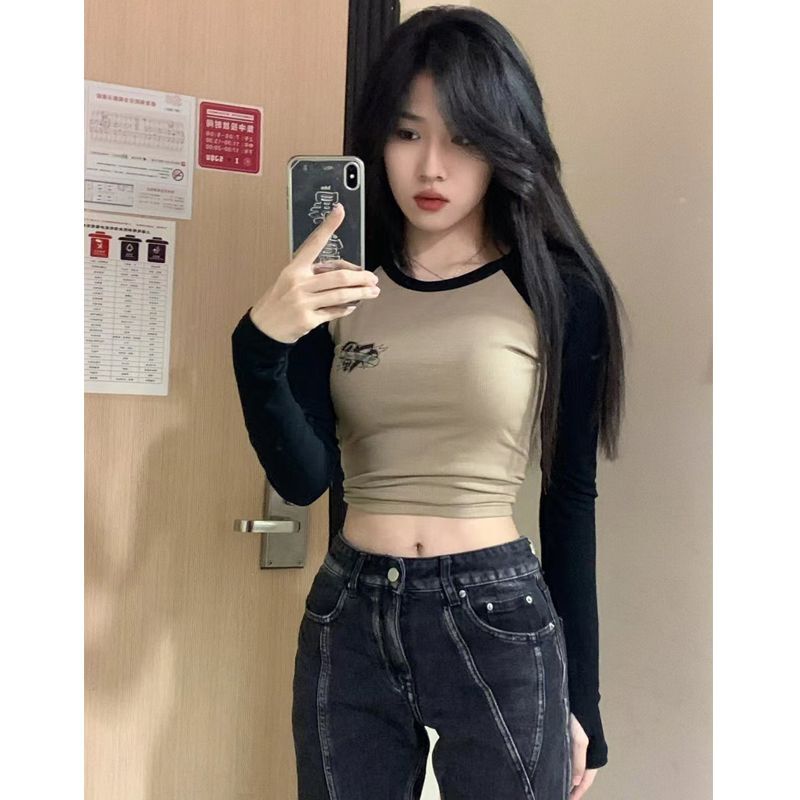 纯欲风美式正肩长袖t恤打底衫女内搭秋冬设计感小众修身辣妹上衣 纯欲风美式正肩长袖t恤打底衫女内搭秋冬设计感小众修身辣妹上衣