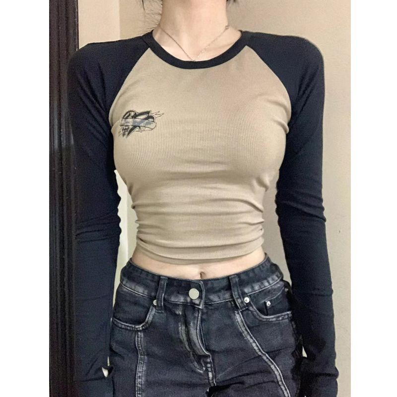 纯欲风美式正肩长袖t恤打底衫女内搭秋冬设计感小众修身辣妹上衣