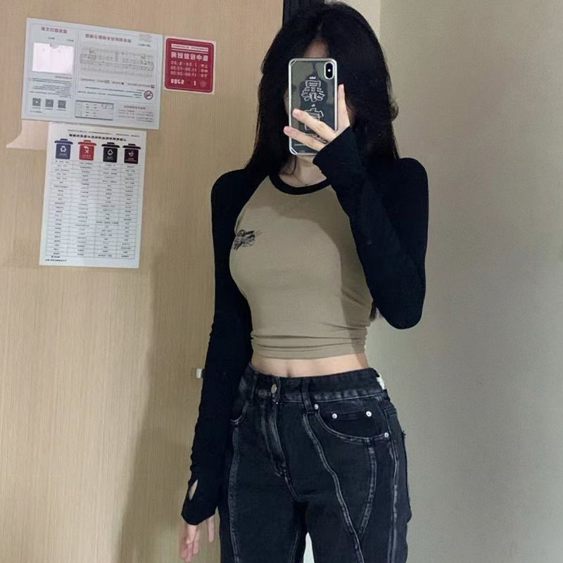 纯欲风美式正肩长袖t恤打底衫女内搭秋冬设计感小众修身辣妹上衣