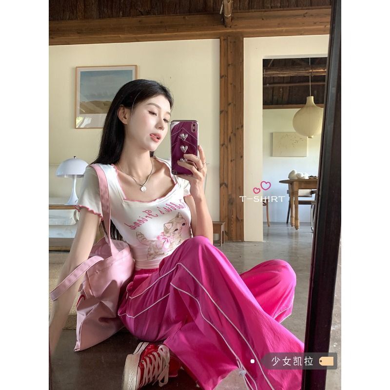 官图实价 方领T恤女夏季新款短款猫咪印花短袖修身甜辣奶系上衣