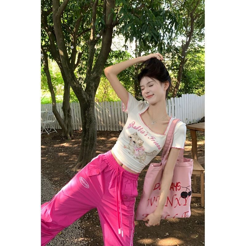 官图实价 方领T恤女夏季新款短款猫咪印花短袖修身甜辣奶系上衣