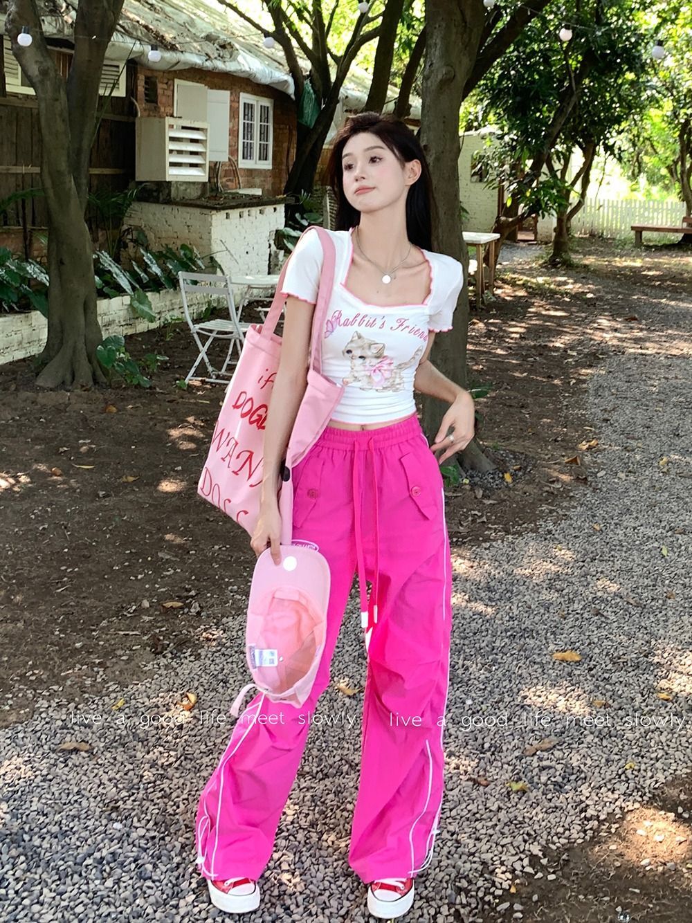 官图实价 方领T恤女夏季新款短款猫咪印花短袖修身甜辣奶系上衣