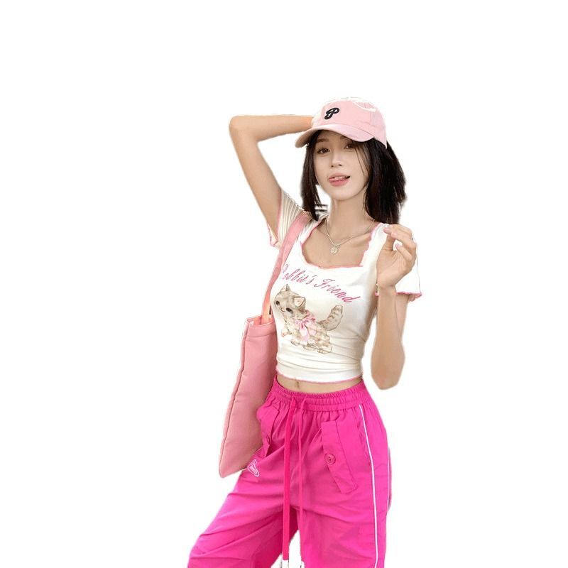 官图实价 方领T恤女夏季新款短款猫咪印花短袖修身甜辣奶系上衣