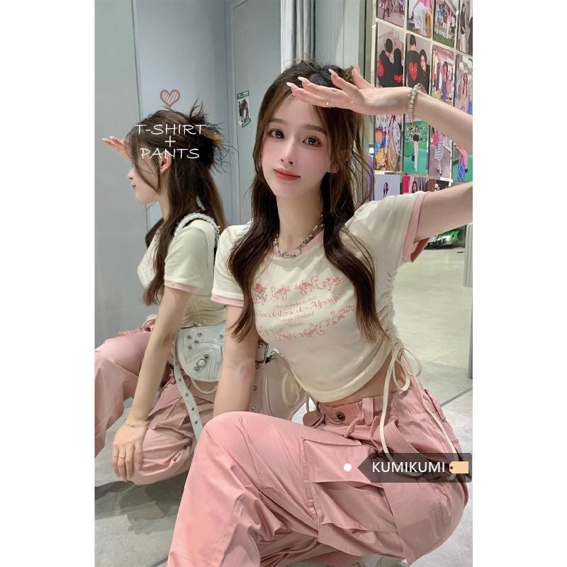 【实价】甜辣风露脐短袖T恤女夏季设计感抽绳修身显瘦短款上衣i