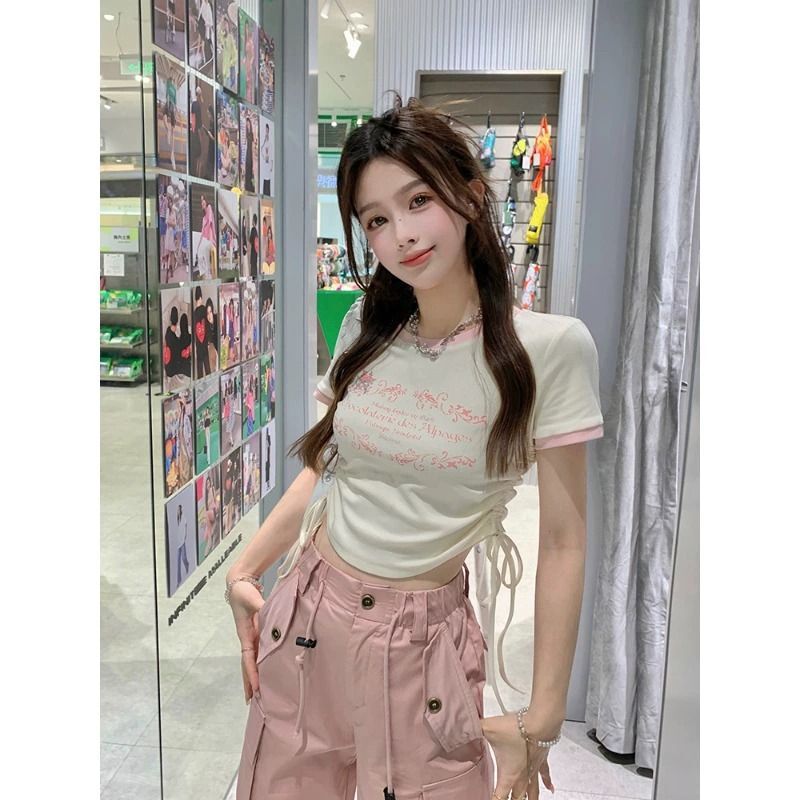 【实价】甜辣风露脐短袖T恤女夏季设计感抽绳修身显瘦短款上衣i