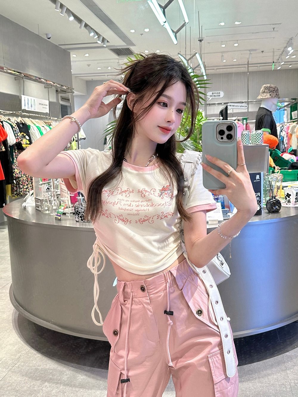 【实价】甜辣风露脐短袖T恤女夏季设计感抽绳修身显瘦短款上衣i