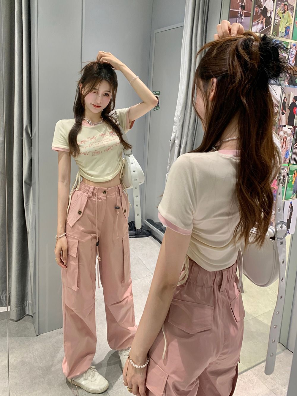 【实价】甜辣风露脐短袖T恤女夏季设计感抽绳修身显瘦短款上衣i