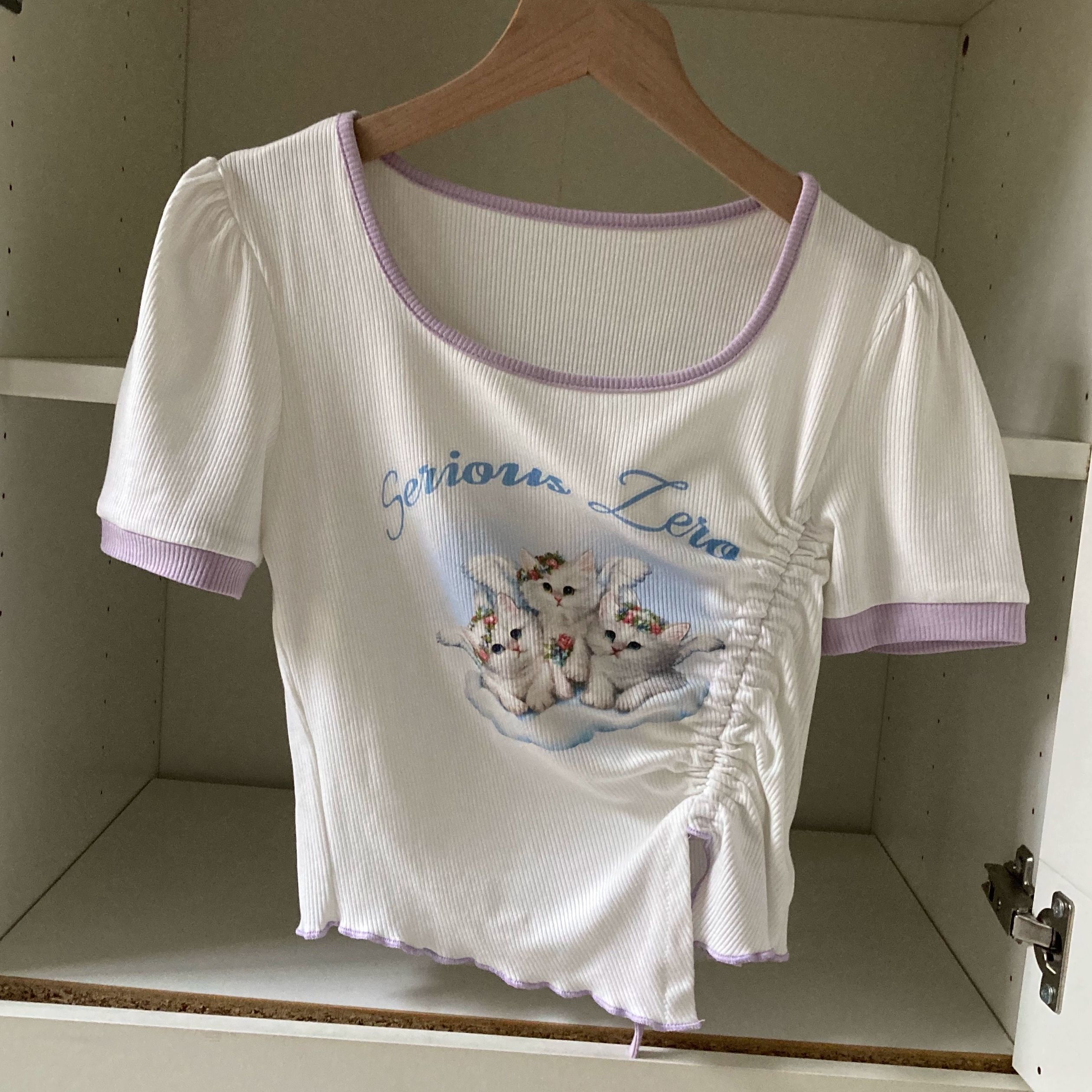 官图 实价 已出货 斜抽绳可爱猫咪上衣短袖t恤