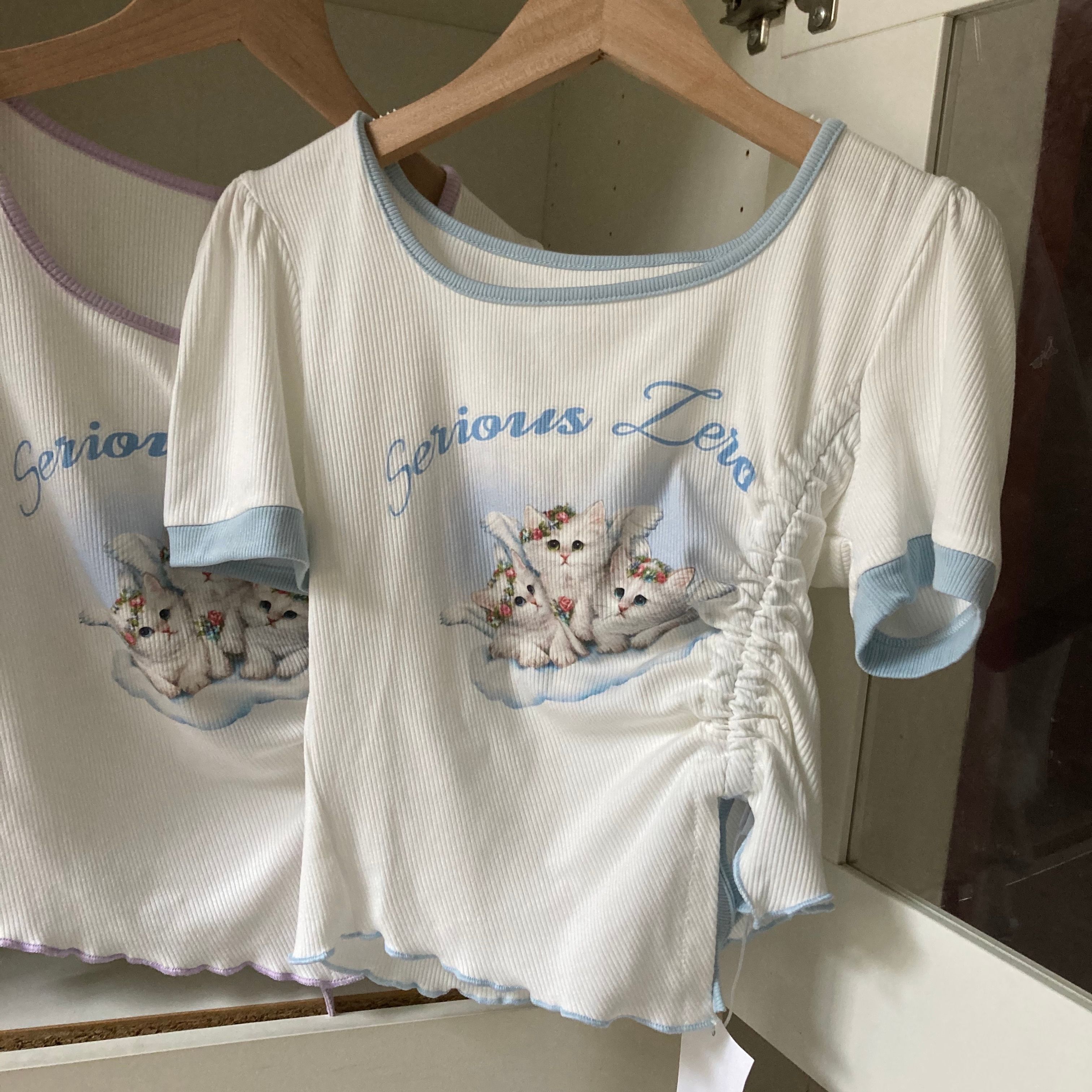 官图 实价 已出货 斜抽绳可爱猫咪上衣短袖t恤