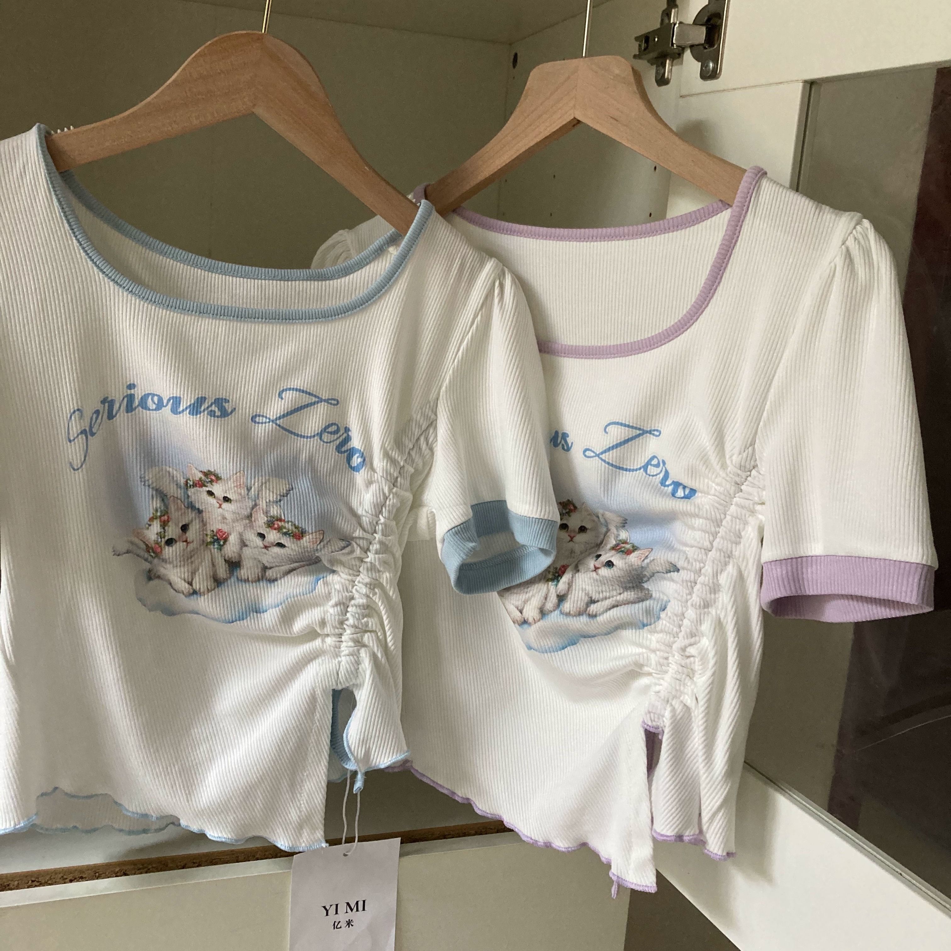 官图 实价 已出货 斜抽绳可爱猫咪上衣短袖t恤