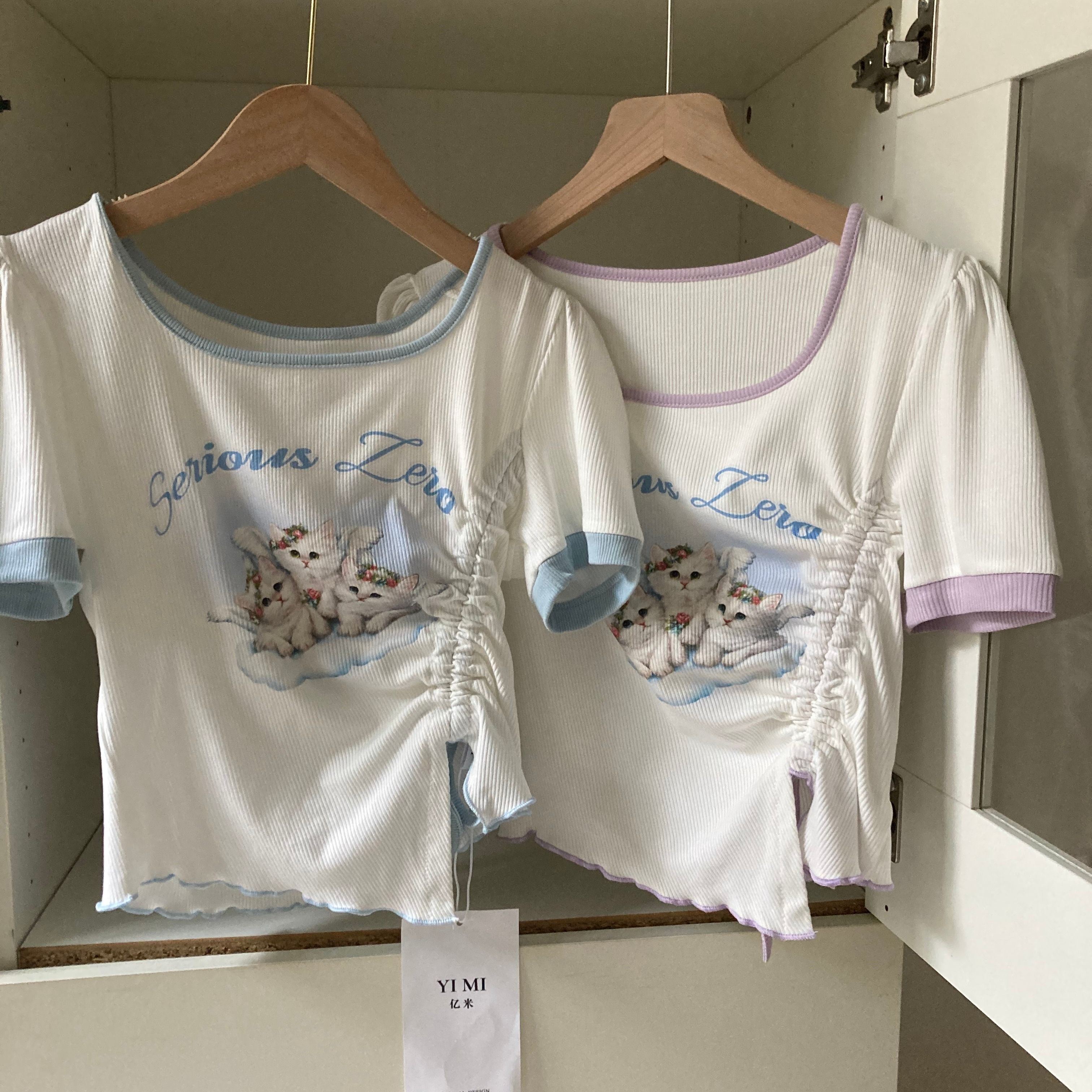 官图 实价 已出货 斜抽绳可爱猫咪上衣短袖t恤