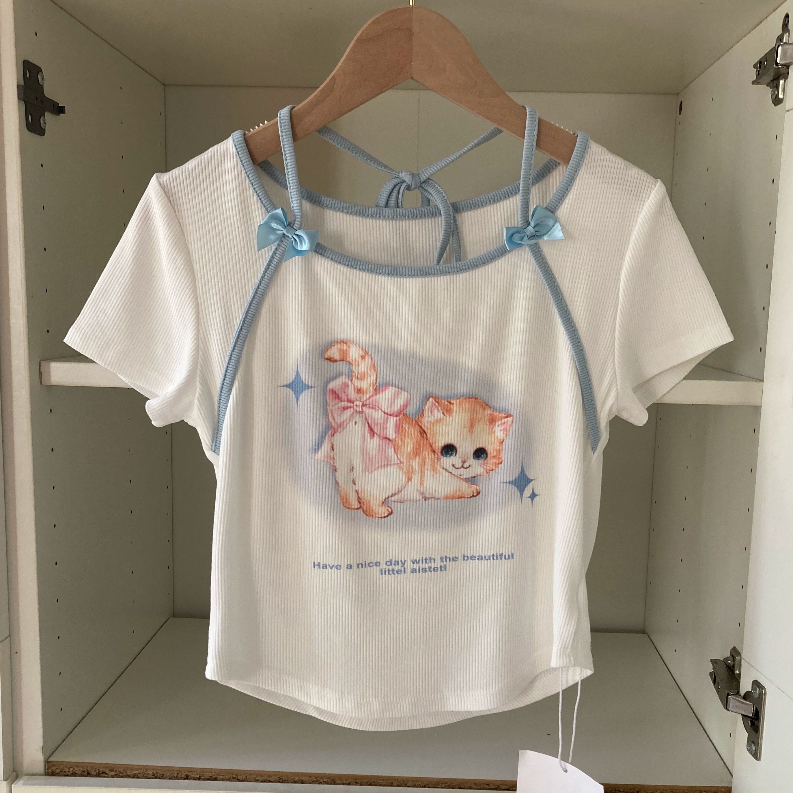 官图实价 可爱猫咪蝴蝶结绑带少女短袖t恤女装 官图实价 可爱猫咪蝴蝶结绑带少女短袖t恤女装