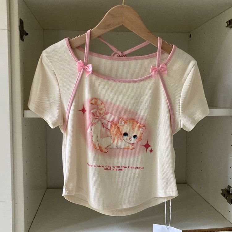 官图实价 可爱猫咪蝴蝶结绑带少女短袖t恤女装