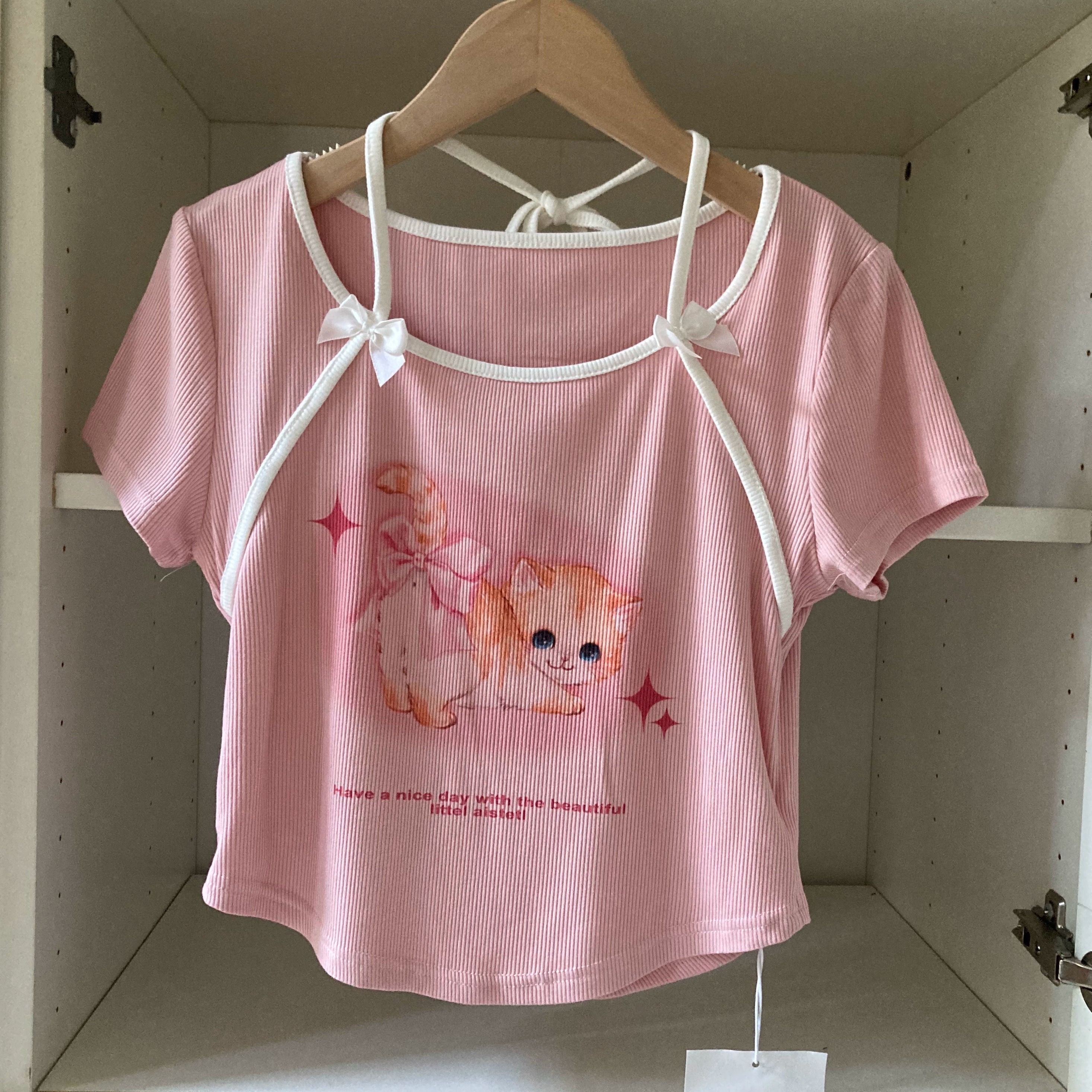 官图实价 可爱猫咪蝴蝶结绑带少女短袖t恤女装