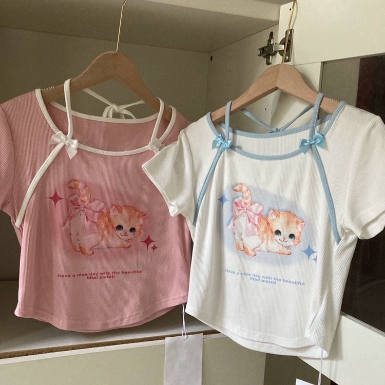 官图实价 可爱猫咪蝴蝶结绑带少女短袖t恤女装