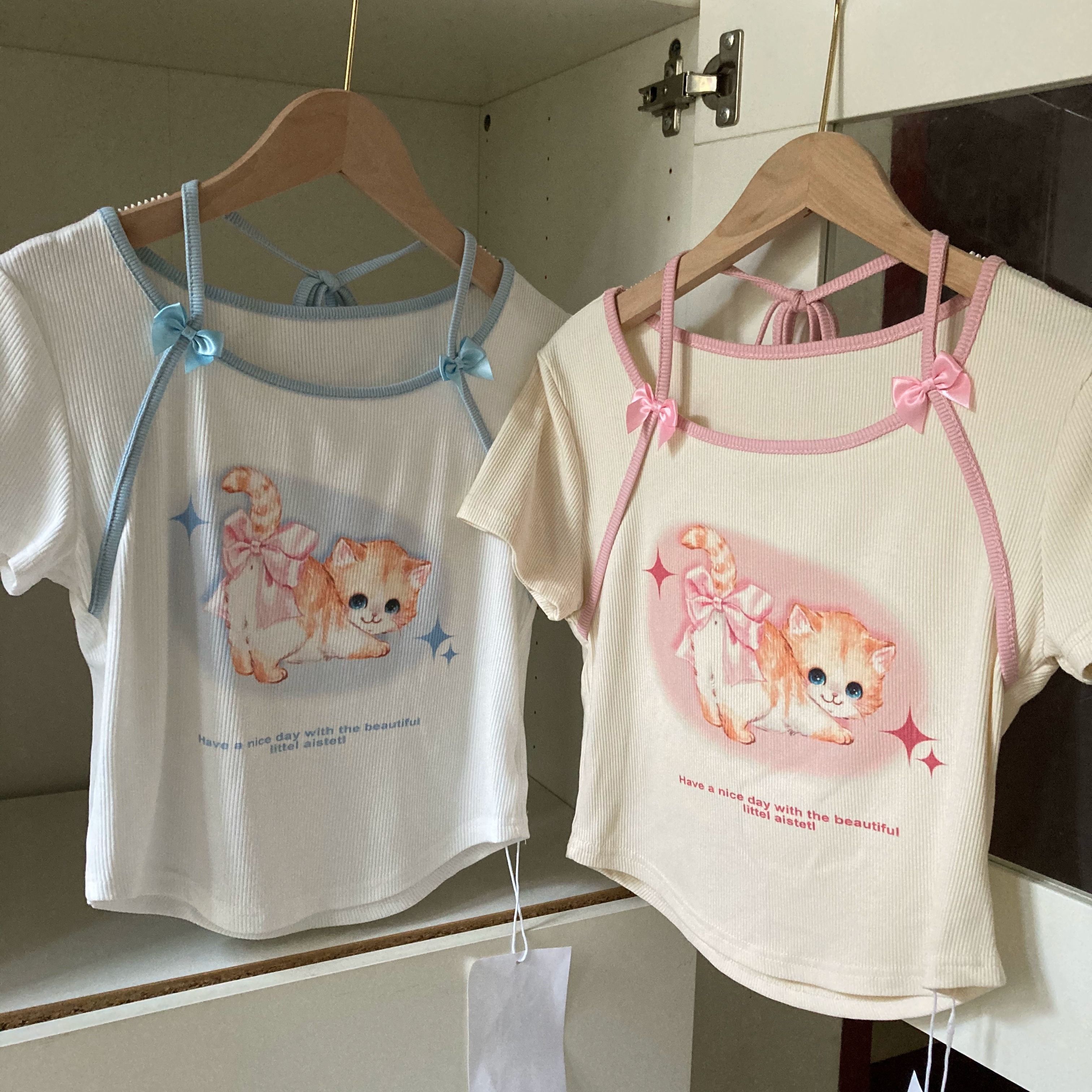 官图实价 可爱猫咪蝴蝶结绑带少女短袖t恤女装