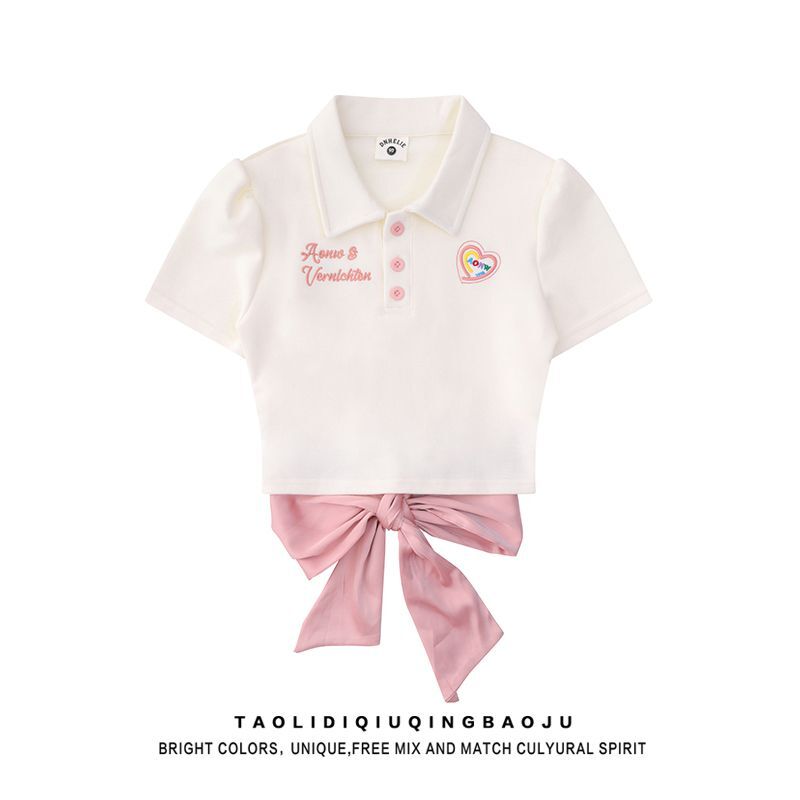 官图实价 POLO领短袖T恤女夏日系甜美风蝴蝶结绑带软妹短款