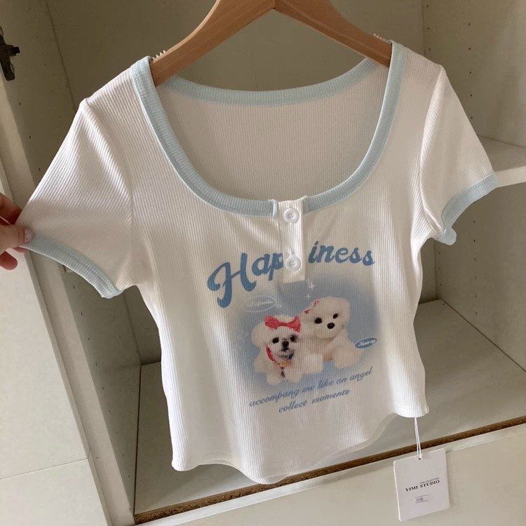 甜辣风T恤女2023年夏季新款辣妹修身露腰短袖体恤短款假两件