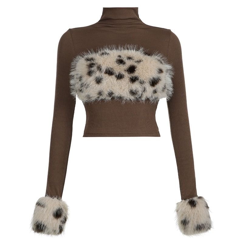 MR【原版品质】时髦气质豹纹毛毛拼接胸型T恤女修身高领长袖打